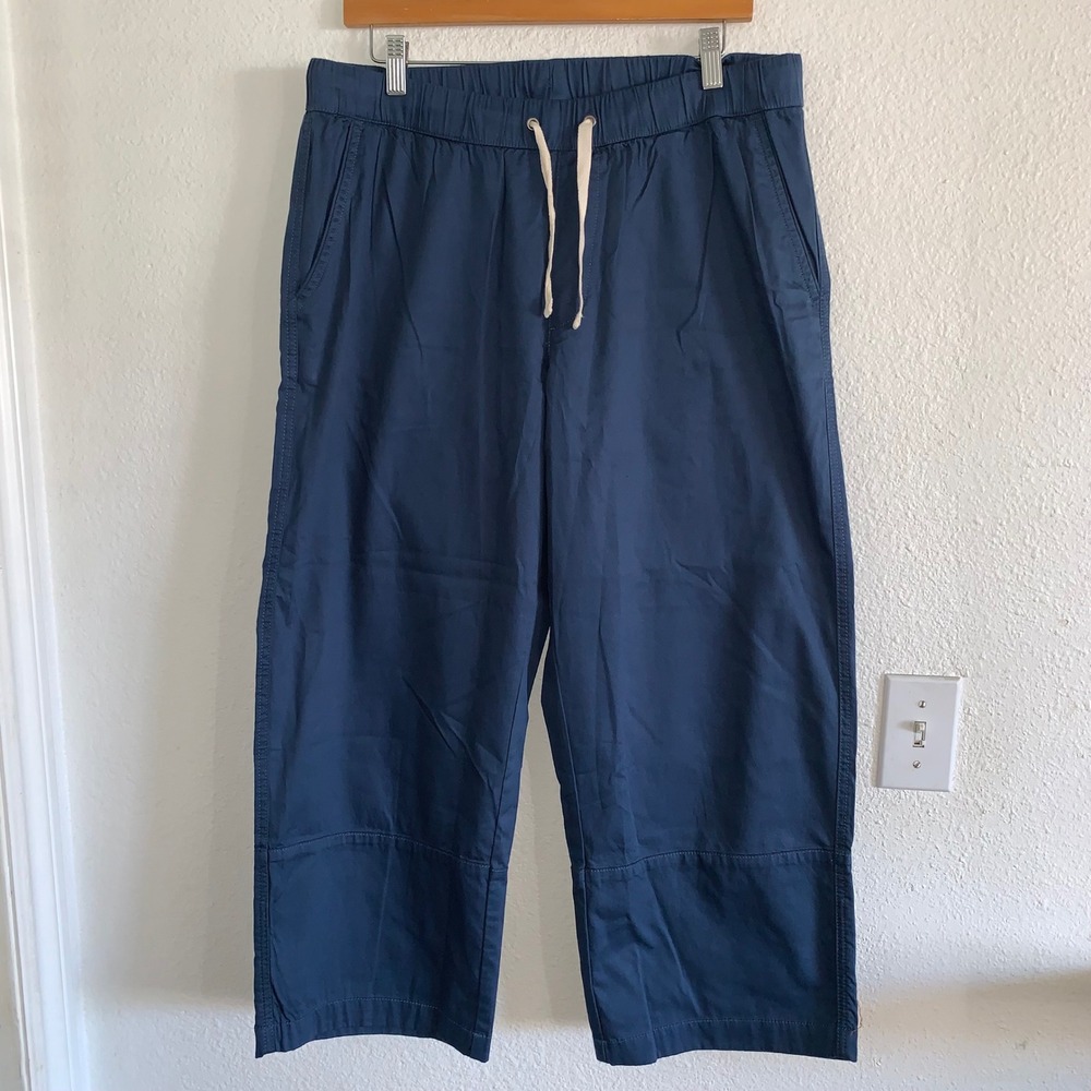 Pact Organic Cotton Wide Leg Crop Pants Navy Blue Elastic Drawstring Waist L